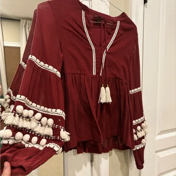 Anthropologie Boho Burgundy Blouse with Tassel Details - Picture 5 of 9